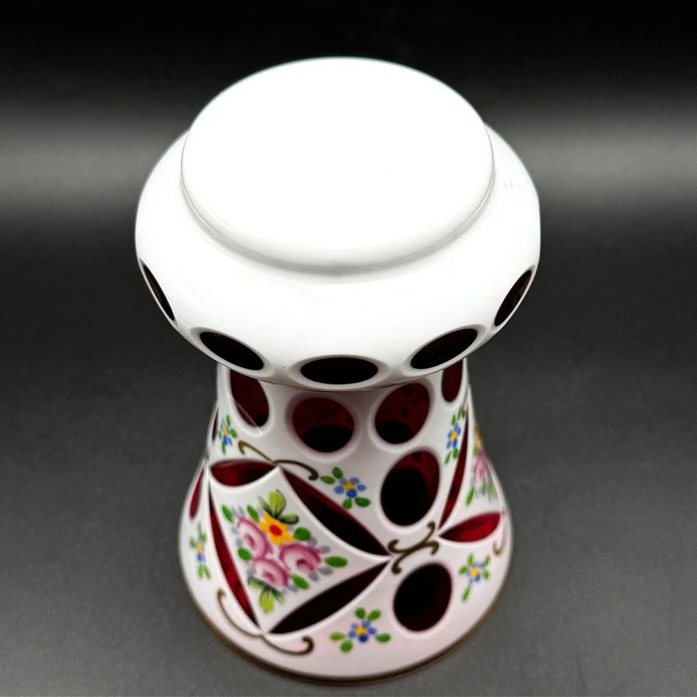 Vintage Bohemian Czech Ruby Cut to Clear White Overlay Floral Glass Vase 6